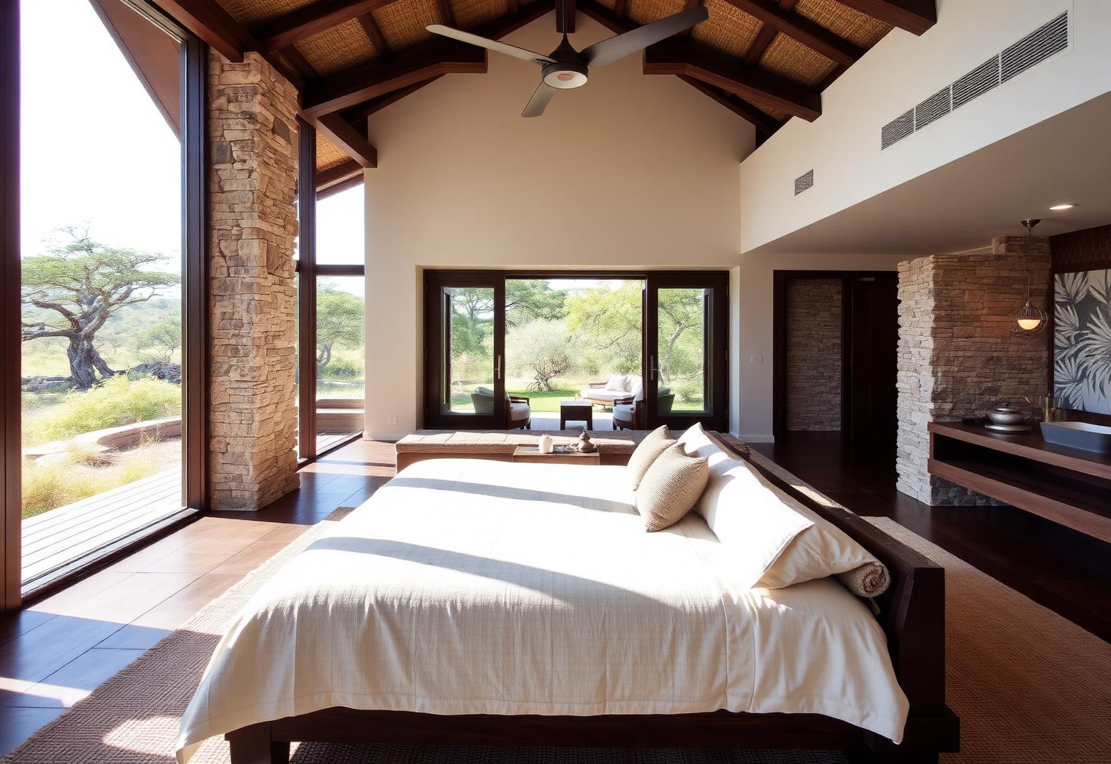 Contemporary African villa interior with linen bed and bush views